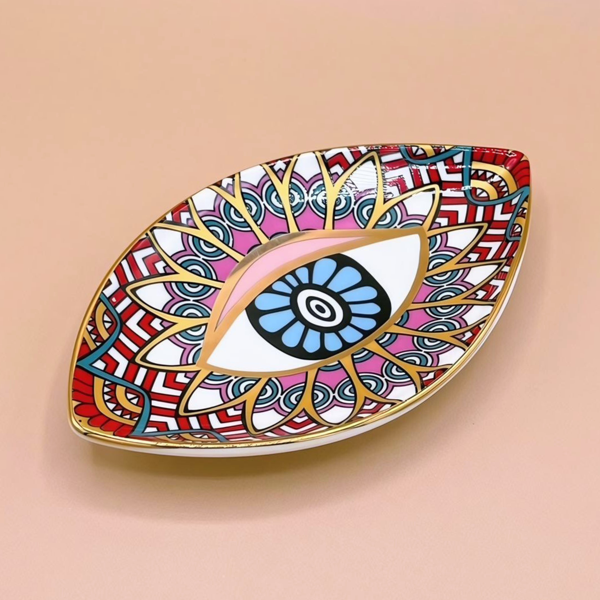 Decorative eyeshadow palette with colorful design on a beige background