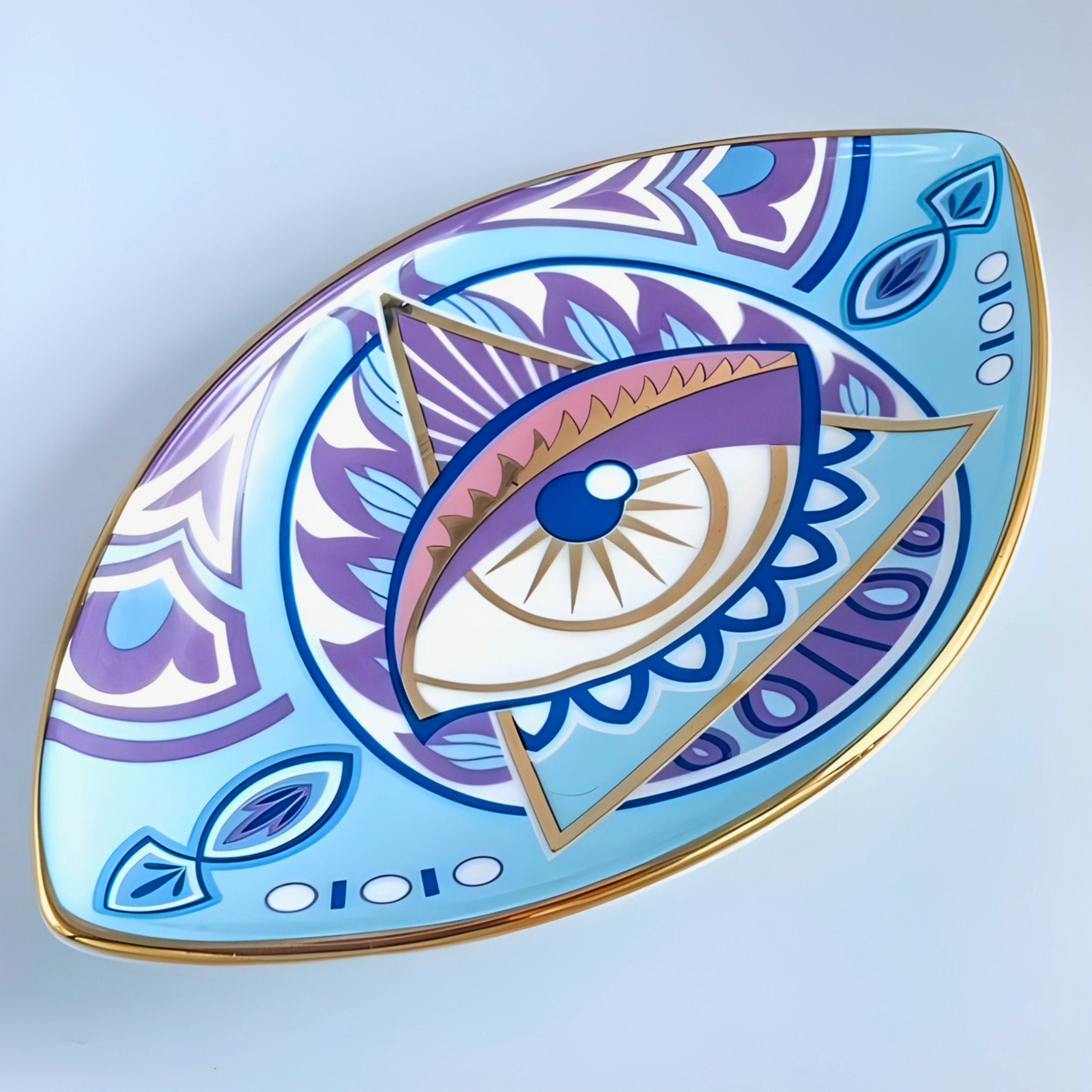 Decorative plate with eye design on a light blue background