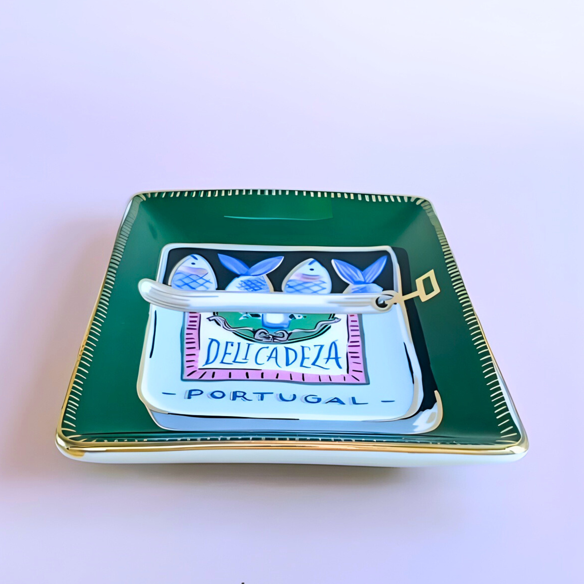 Green decorative plate with a card holder featuring 'Delicadeza Portugal' on a light purple background