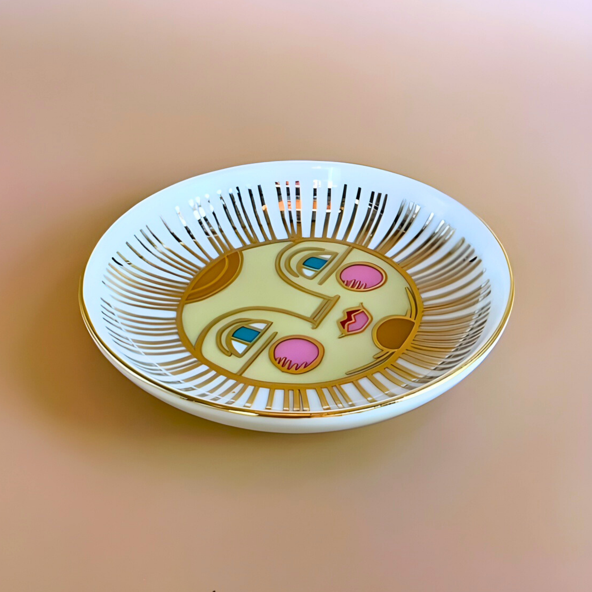 Decorative plate with a stylized face design on a blurred background