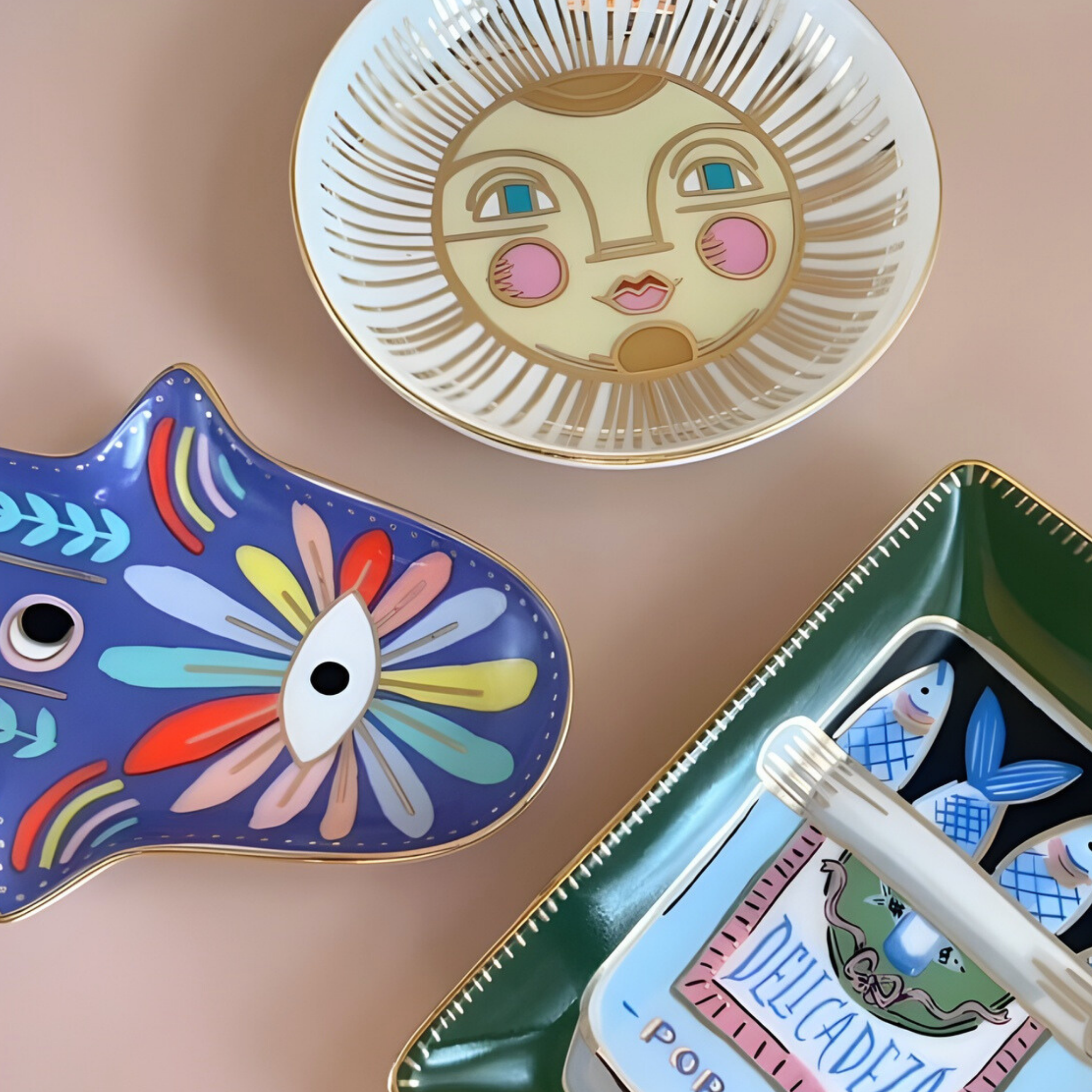 Decorative plates with artistic designs on a beige surface