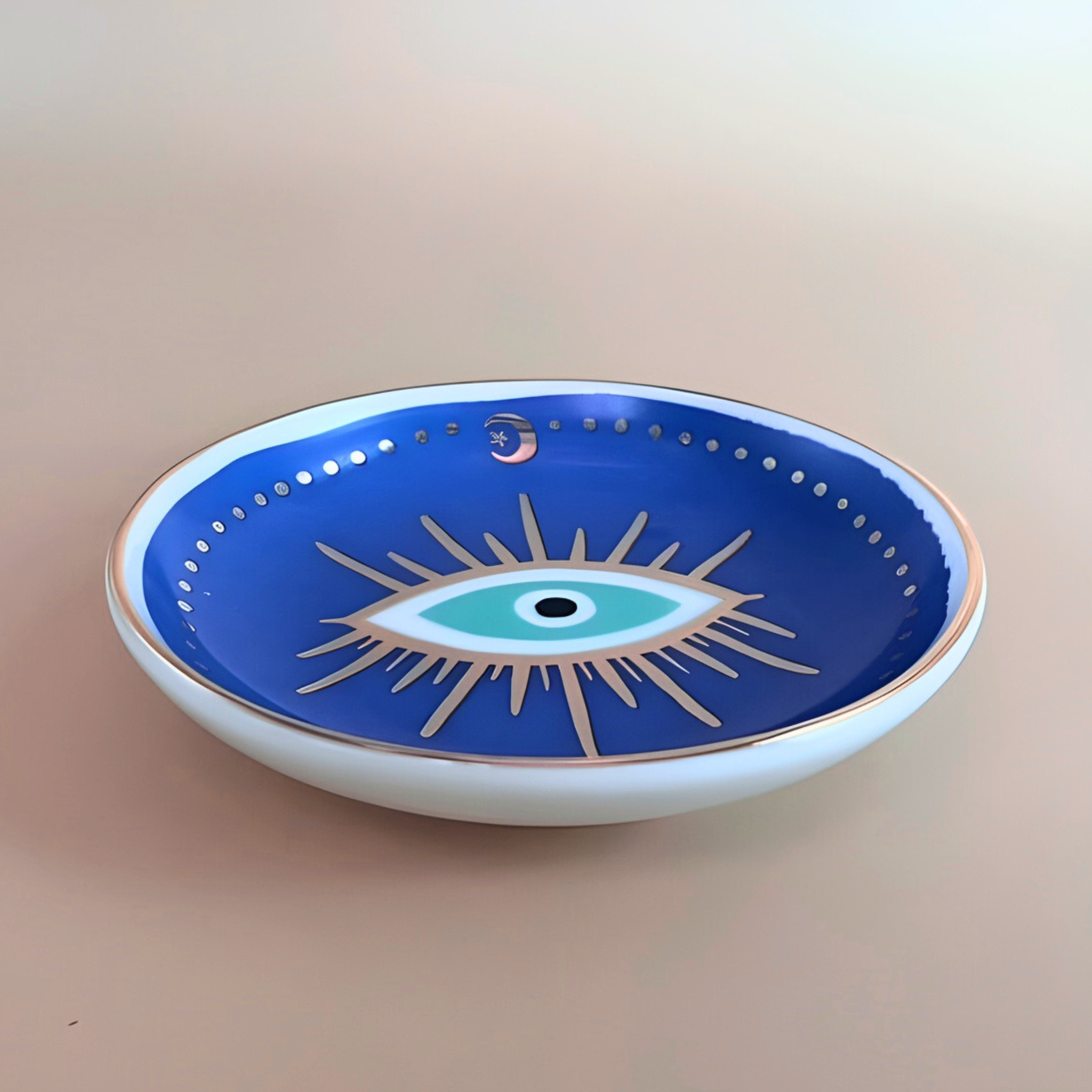 Decorative plate with an eye design on a blue background