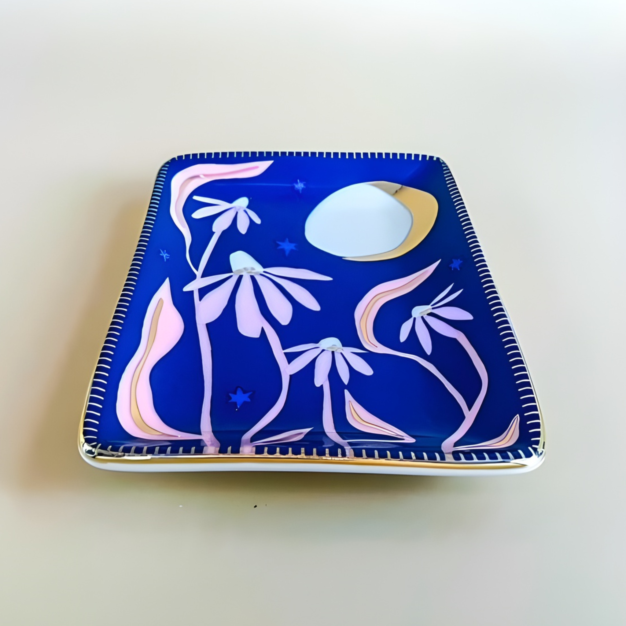 Decorative square plate with floral design on a blue background