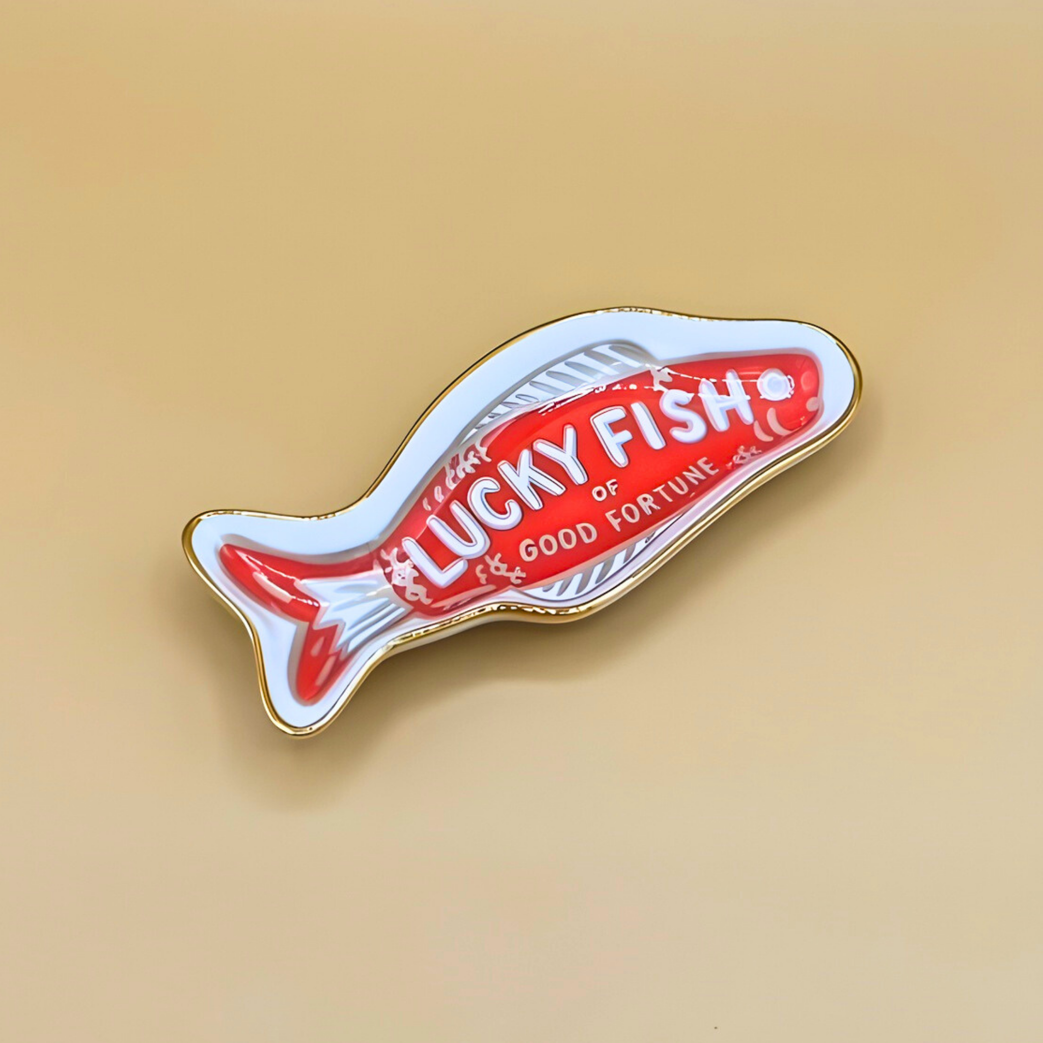 Fish-shaped pin with 'Lucky Fish of Good Fortune' text on a beige background
