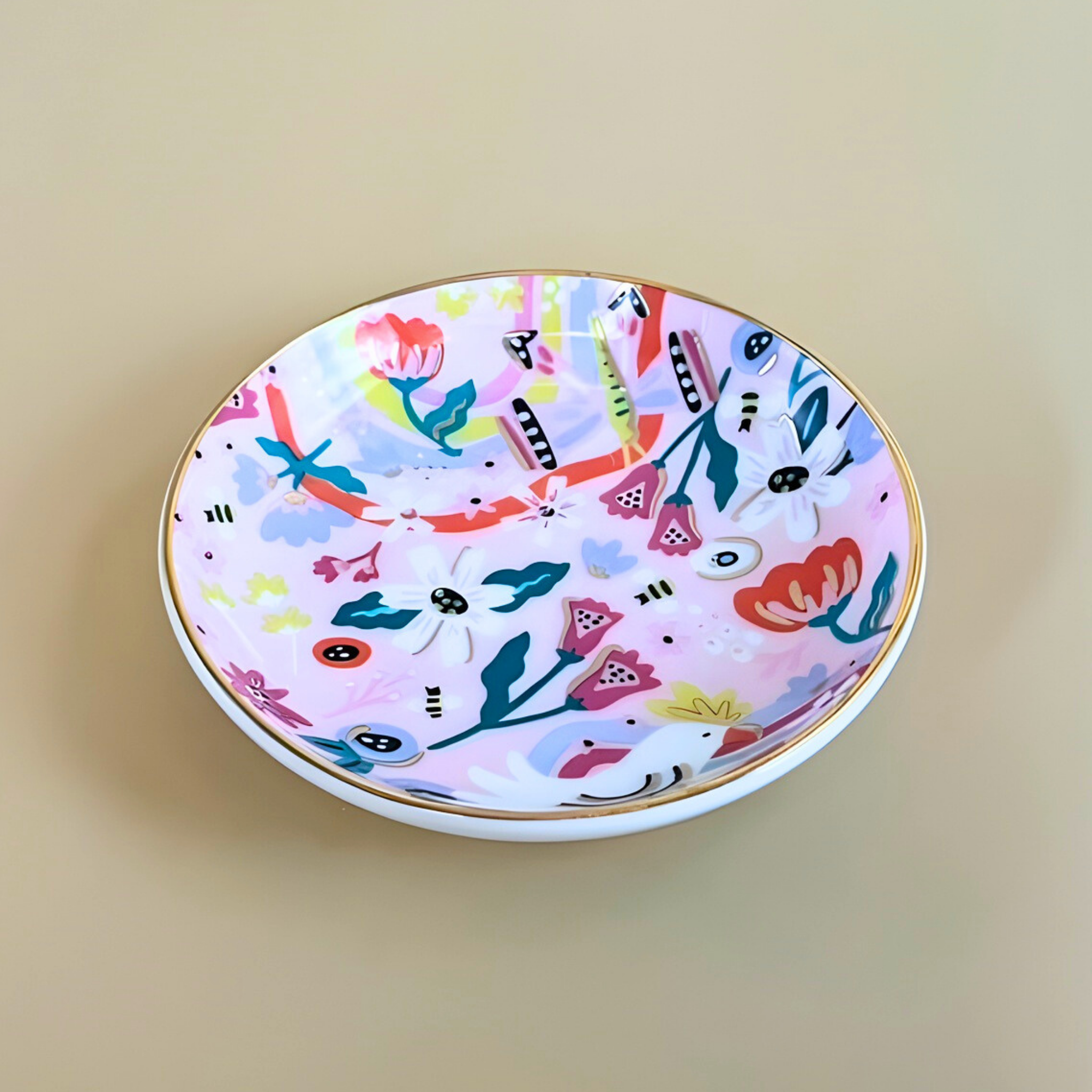 Decorative plate with colorful floral pattern on a beige background