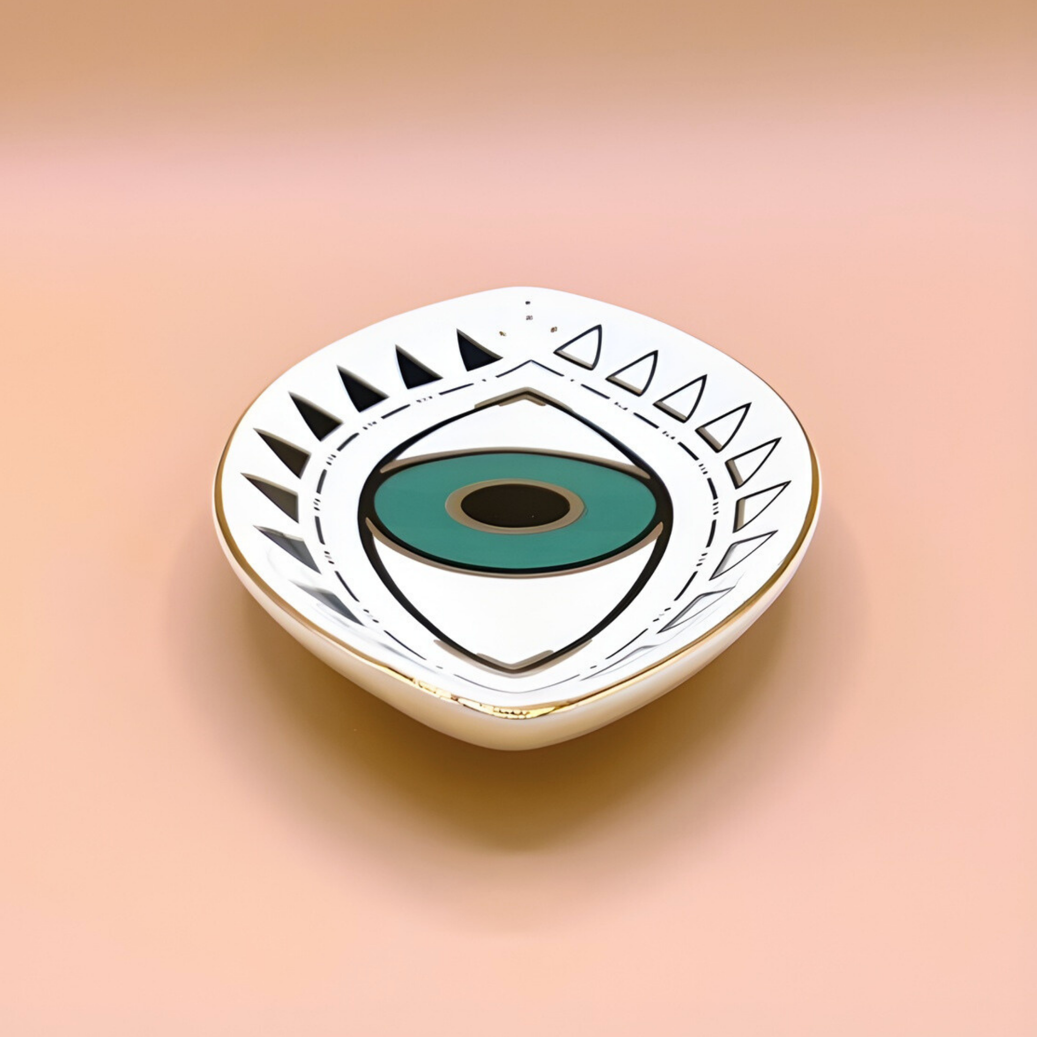 Decorative plate with eye design on a peach background