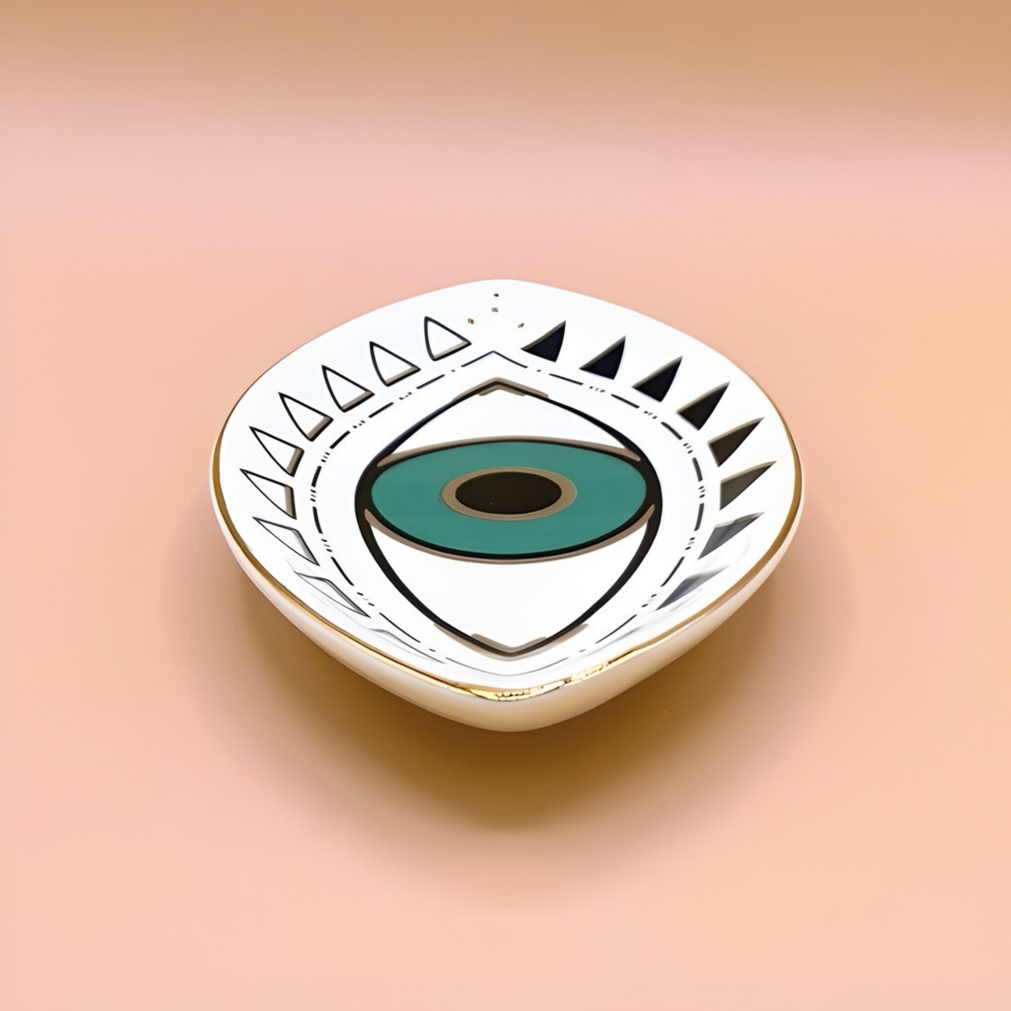 Pin with eye design on a peach background