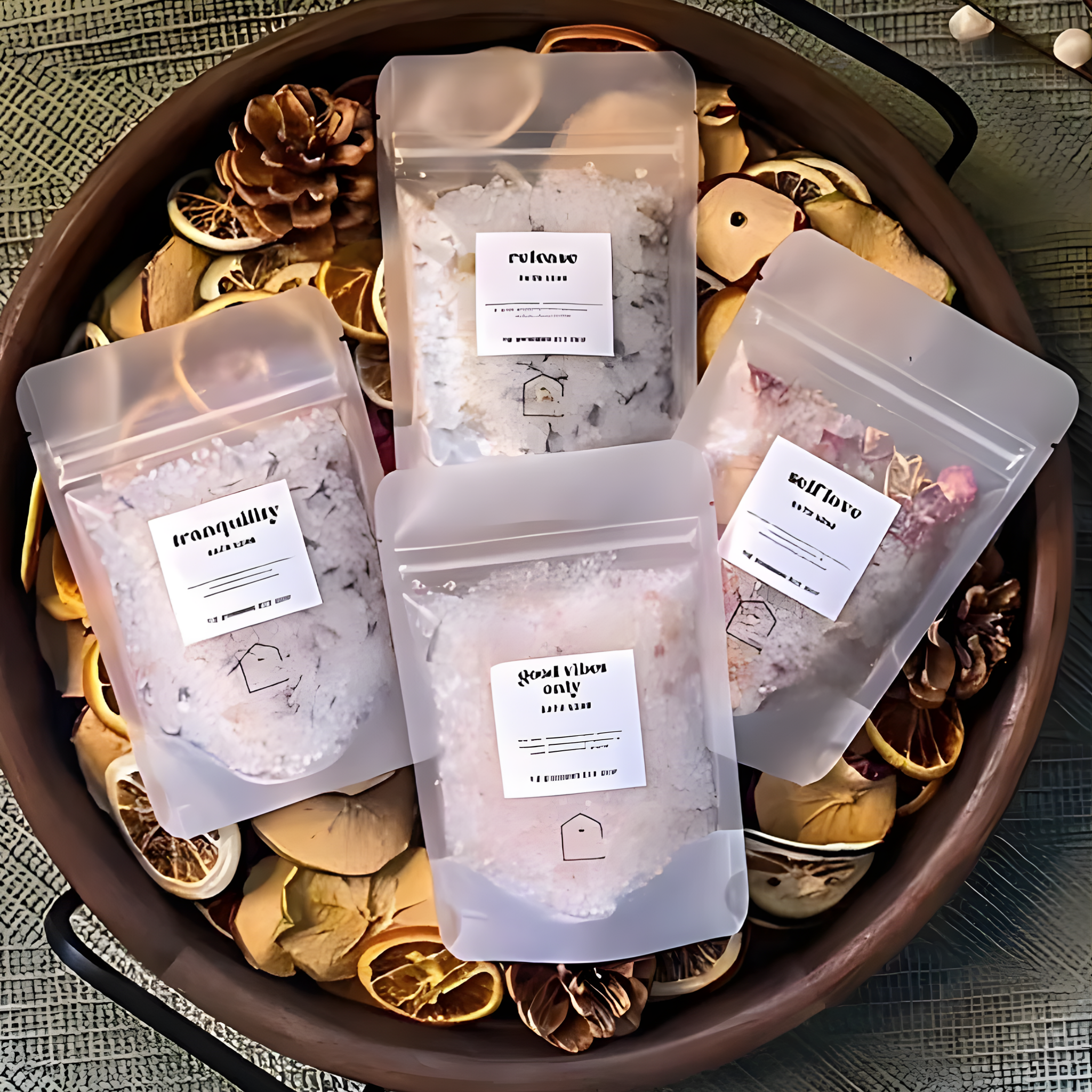 Four packages of bath salts with labels on a decorative tray with dried fruits and pine cones.