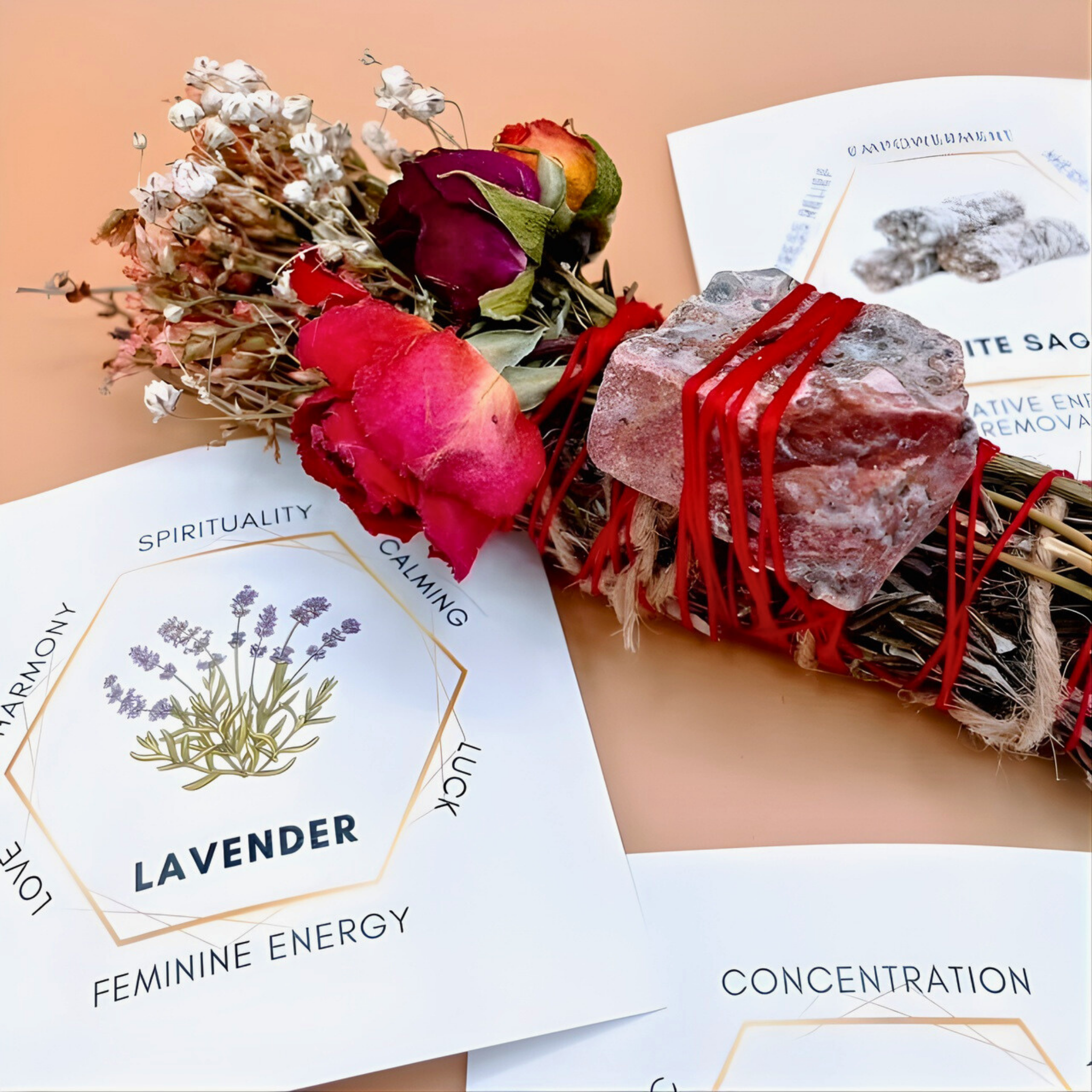 Decorative arrangement with flowers and crystals on a beige background