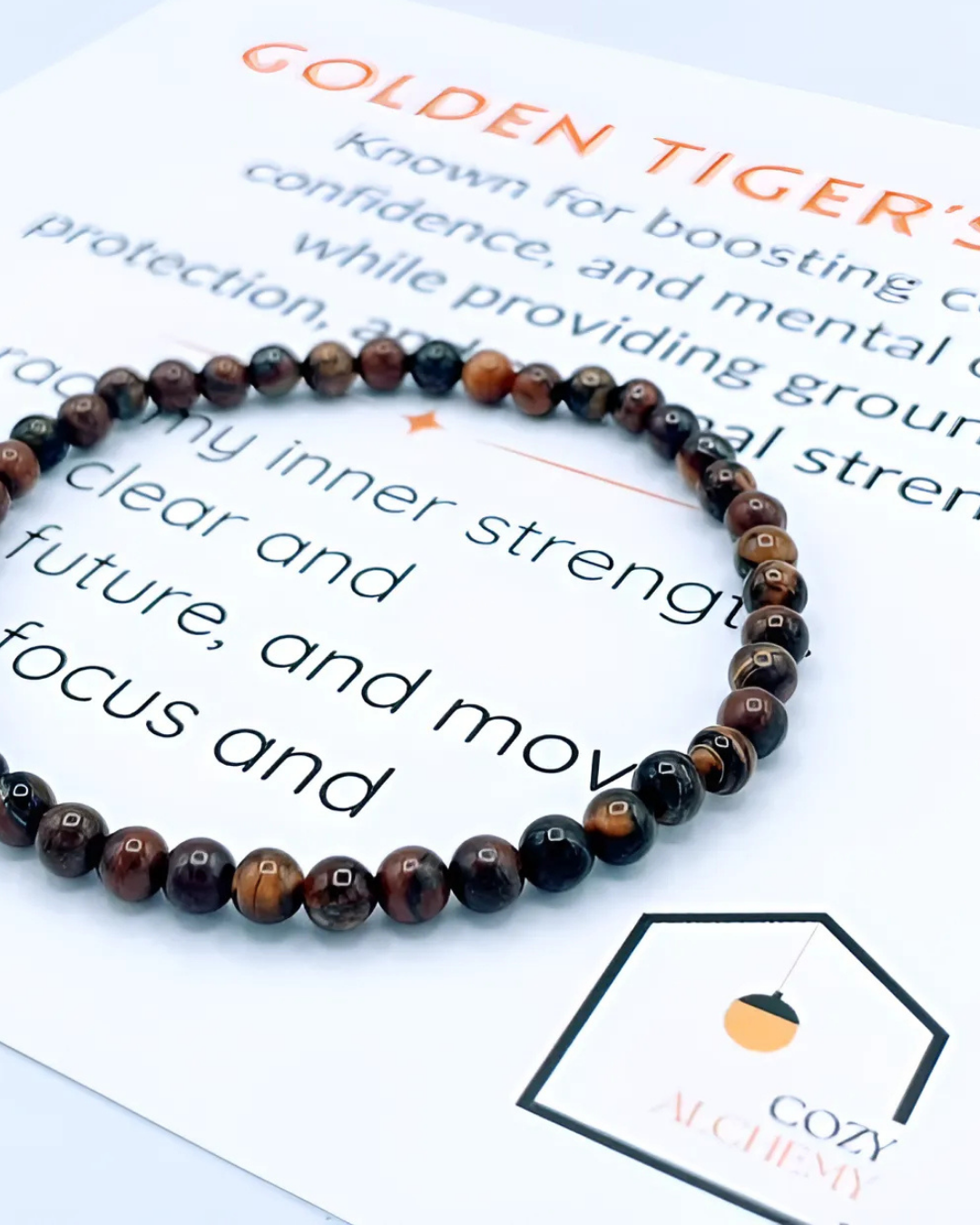 Beaded bracelet on a piece of paper with text and a brand logo.