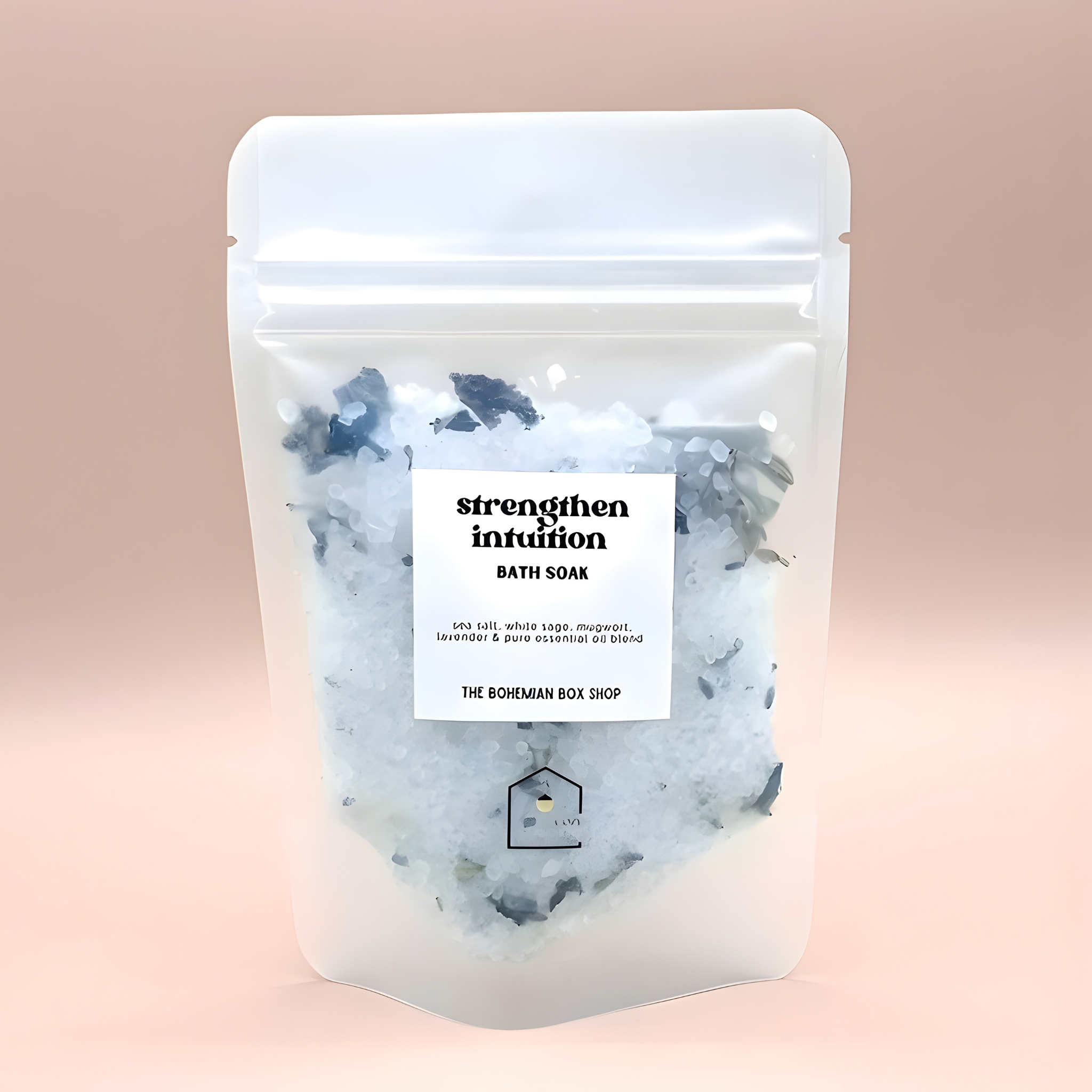 Bath soak package with a label on a pink background
