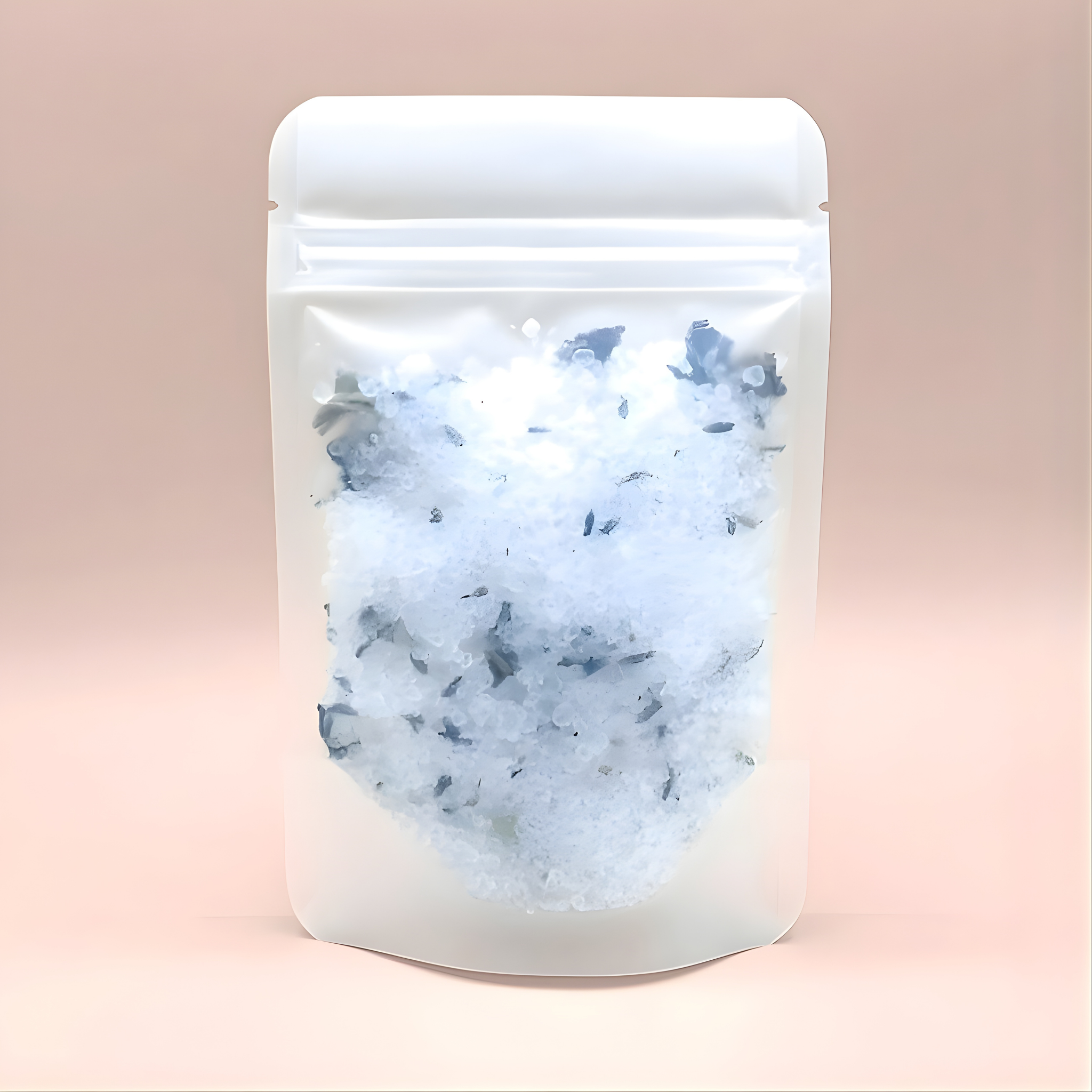 White packaging with a clear window containing a blue and white textured product on a pink background