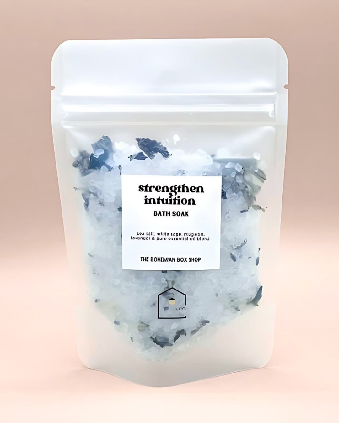 Bath soak packaging with a label on a beige background