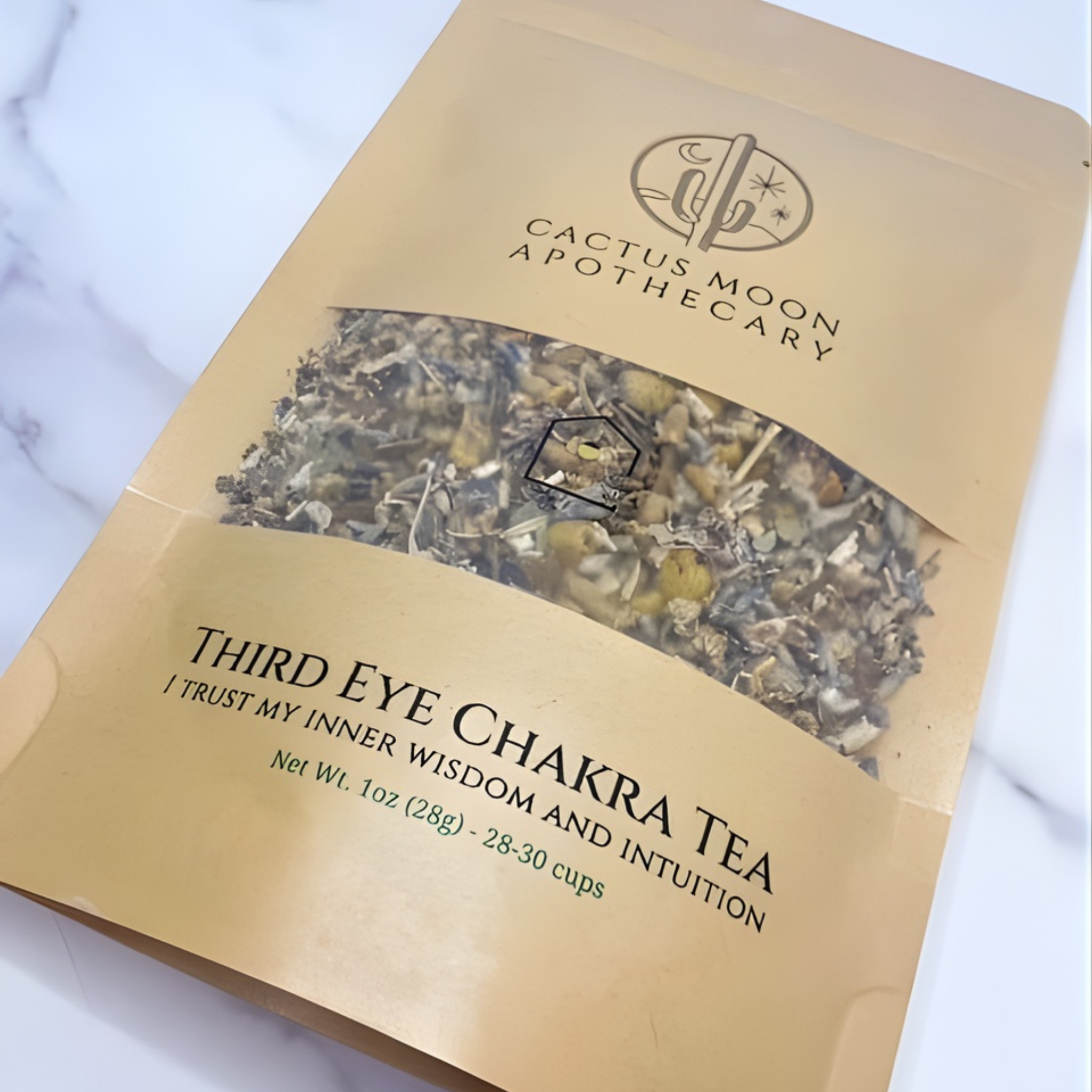 Cactus Moon Apothecary Third Eye Chakra Tea package on a marble surface
