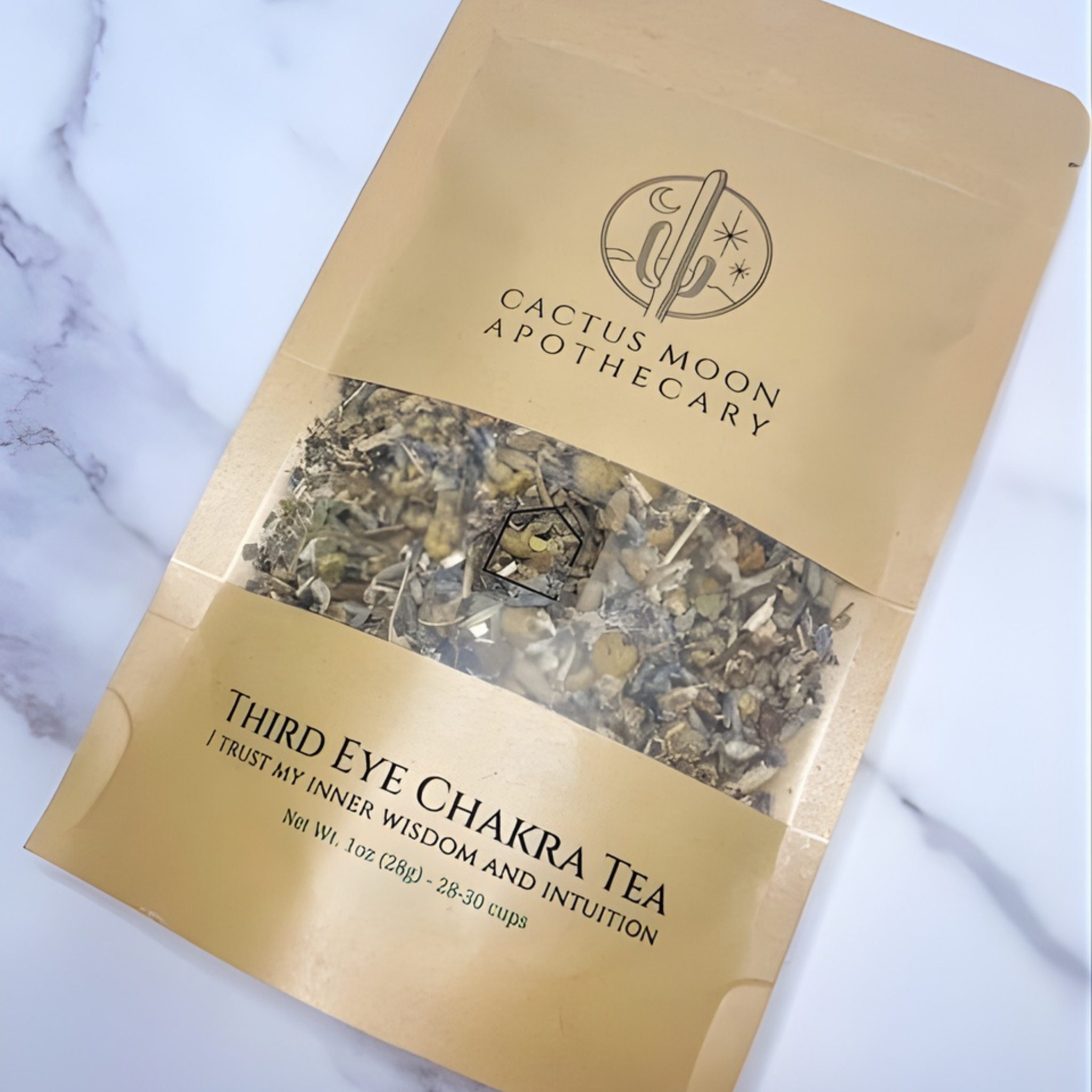 Cactus Moon Apothecary Third Eye Chakra Tea package on a marble surface