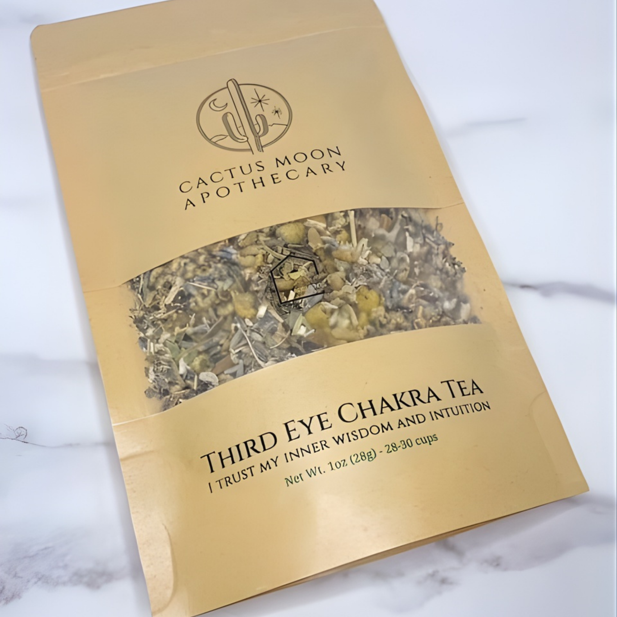 Cactus Moon Apothecary Third Eye Chakra Tea package on a marble surface