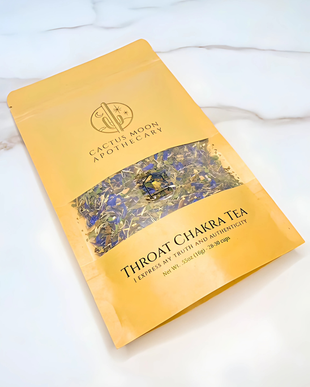 Yellow package of Throat Chakra Tea from Cactus Moon Apothecary on a white background
