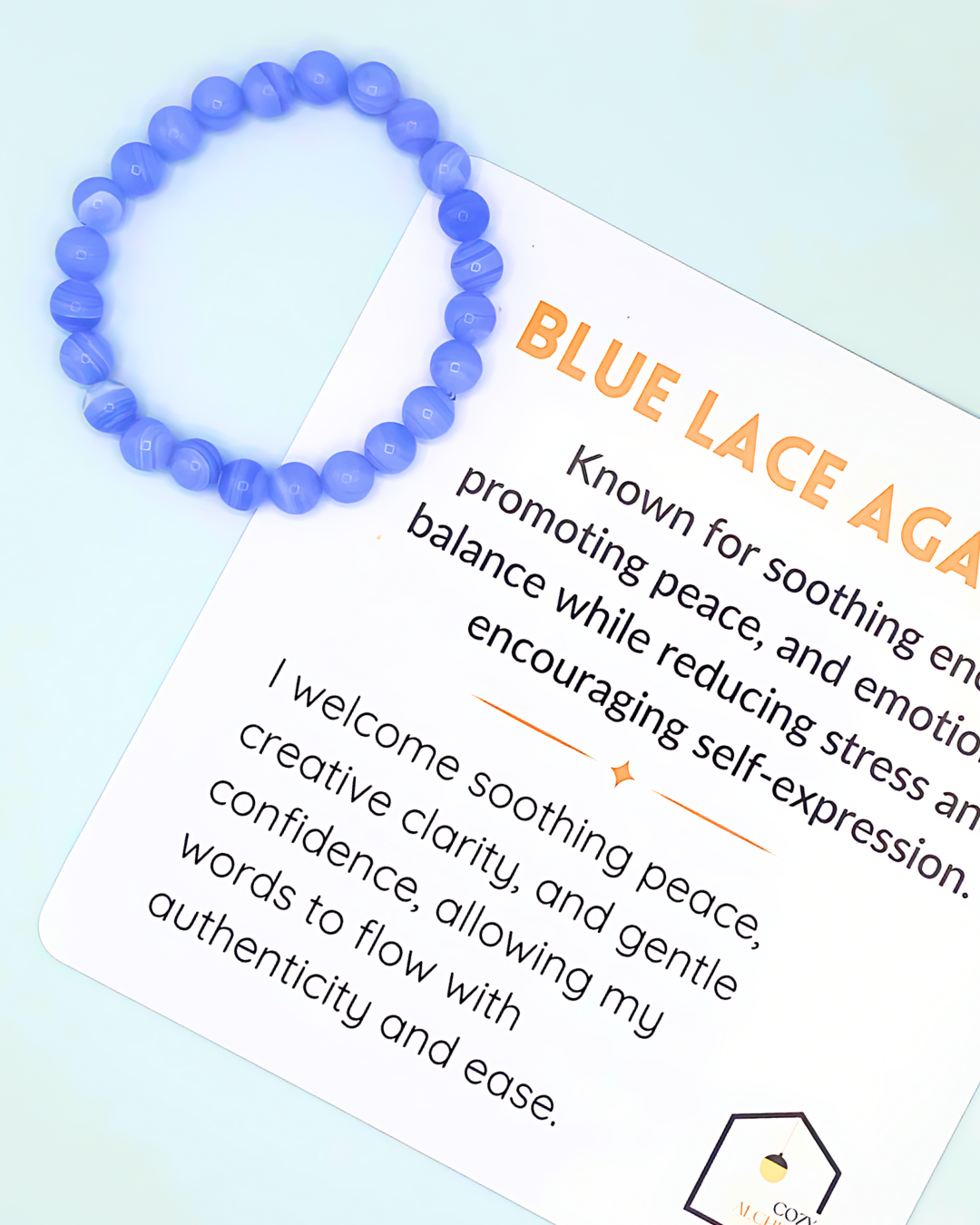 Blue beaded bracelet on a card with information about Blue Lace Agate