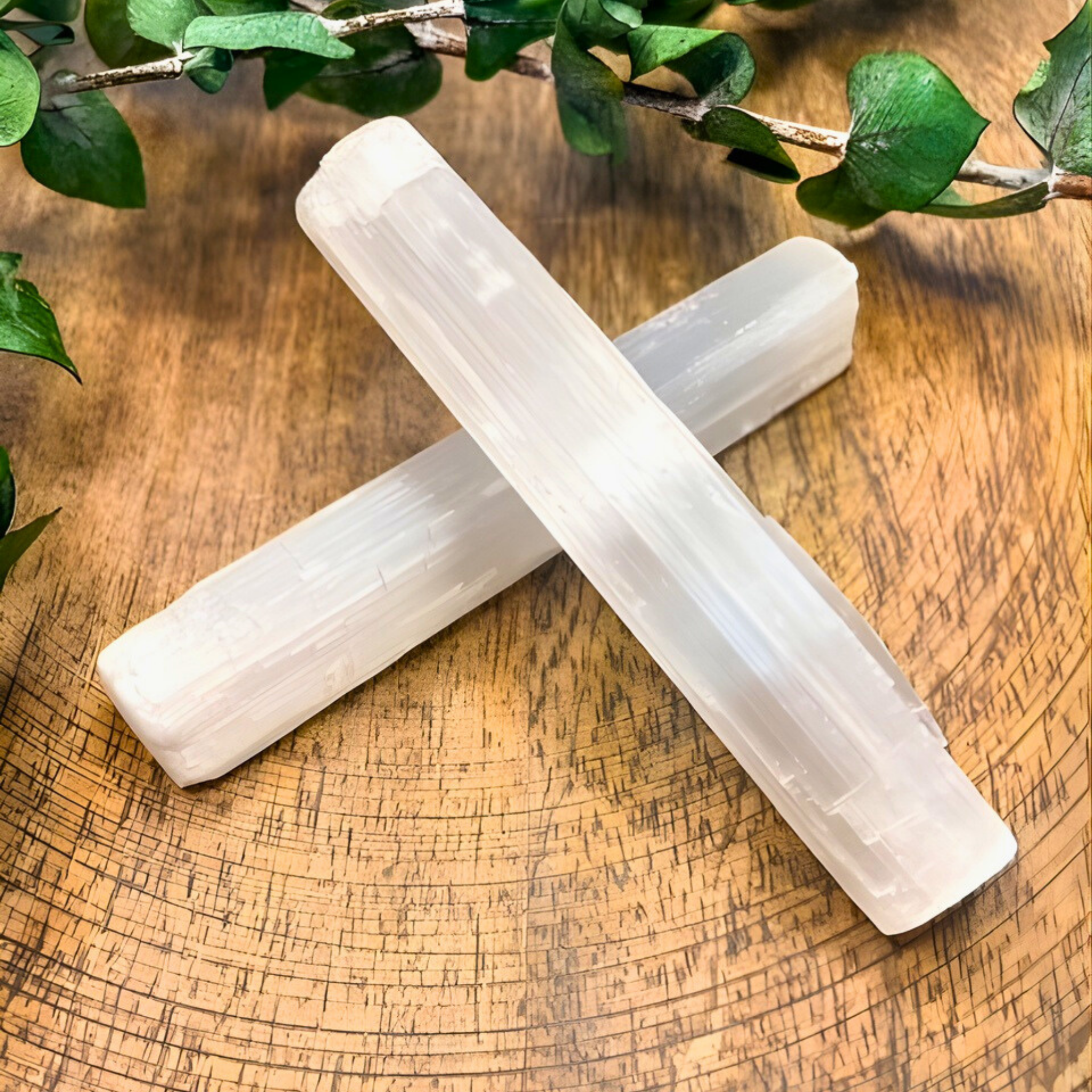Two crystal sticks on a wooden surface with green leaves in the background
