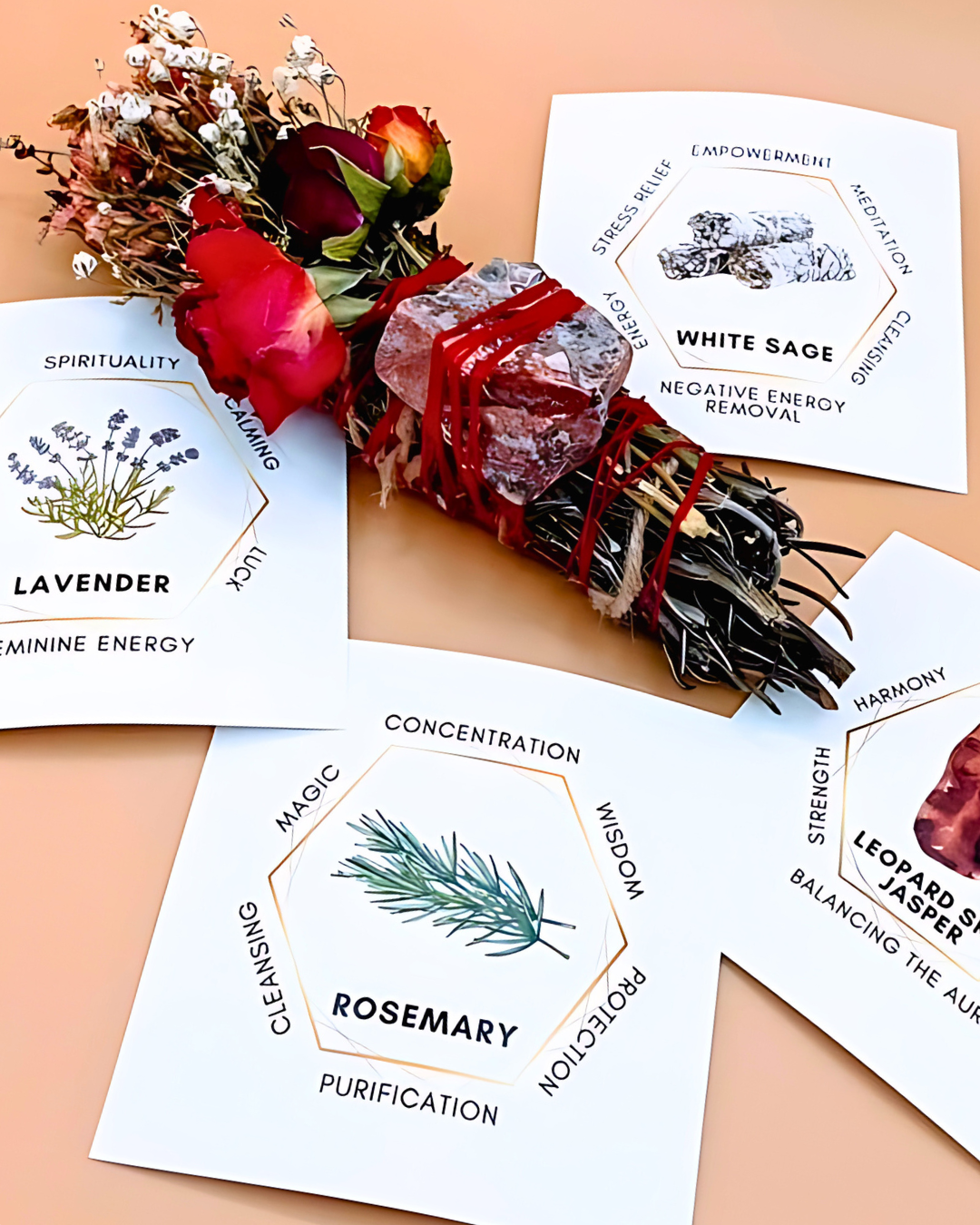 Herbal bundle with rose petals and crystals on branded cards with descriptions.