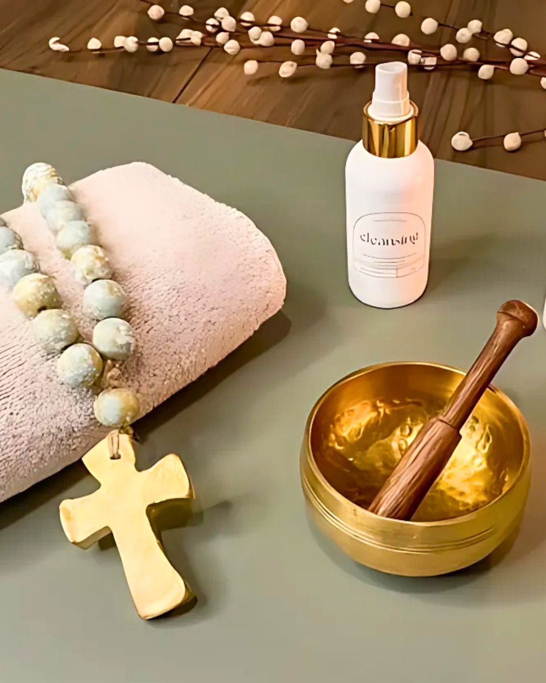 White bottle with gold cap, pink towel, gold cross, and brass bowl with wooden pestle on a light green surface.