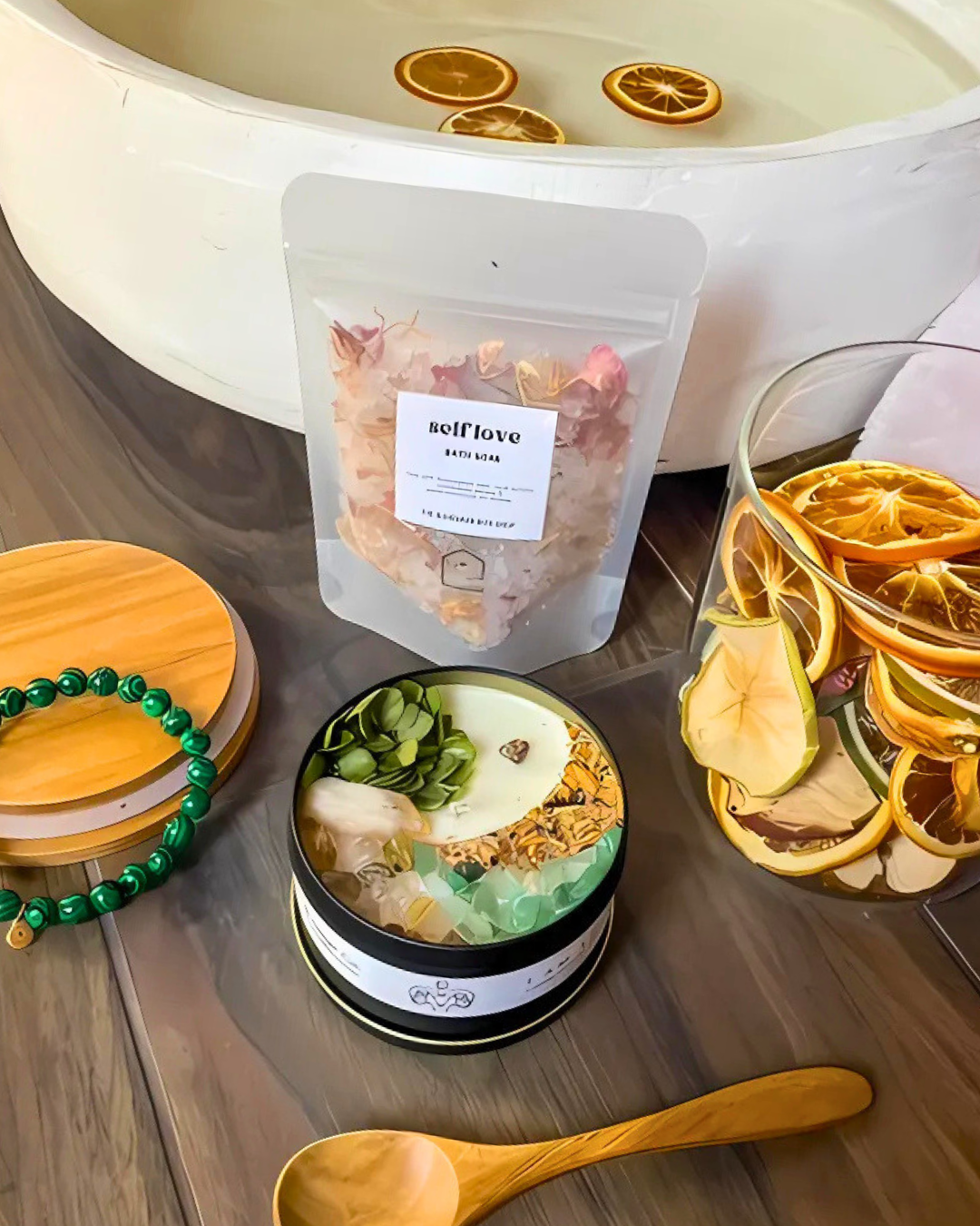 Bath salts packaging with a wooden spoon and bath bomb on a wooden surface.