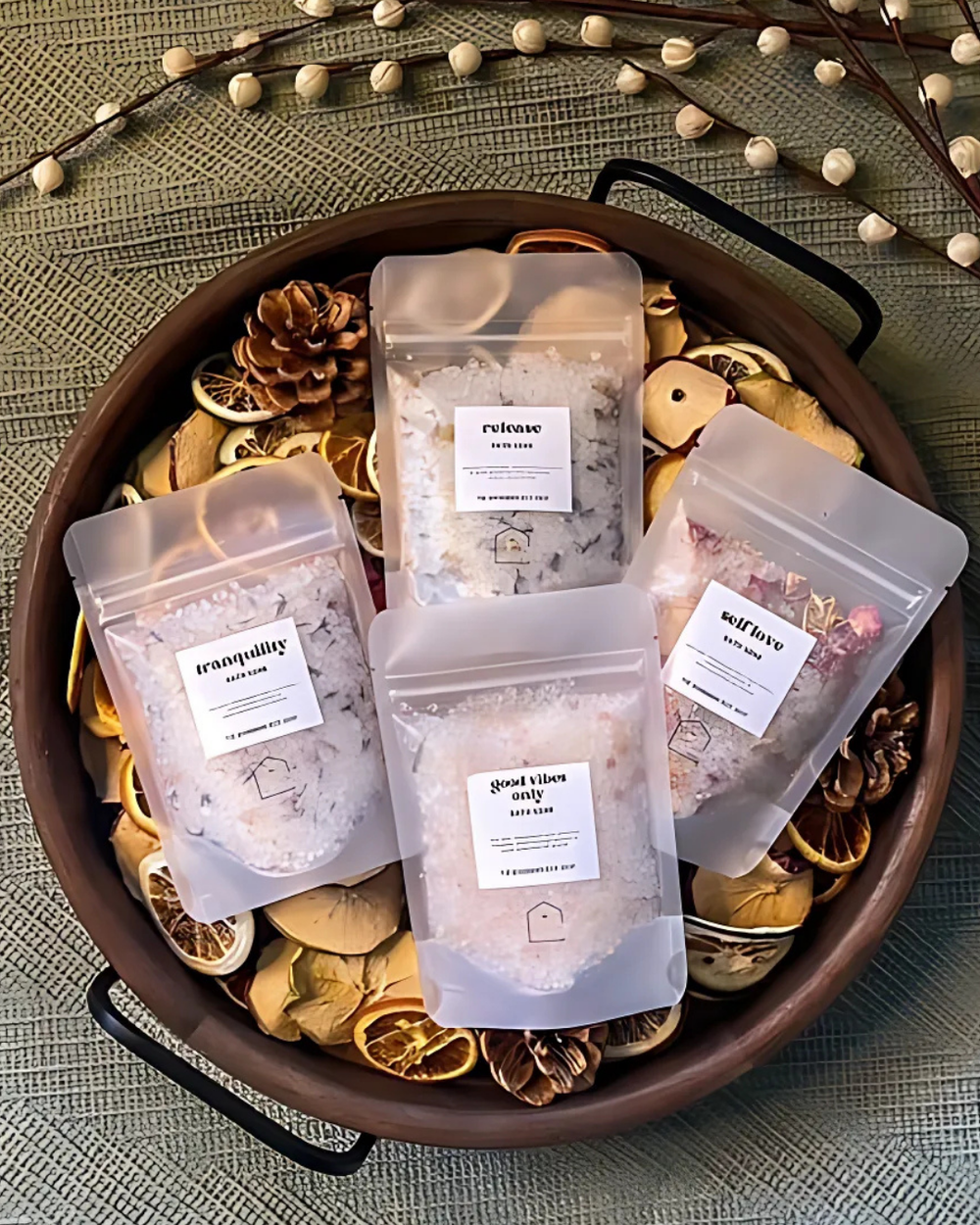 Five packages of bath salts with labels on a decorative tray with dried fruits and leaves.
