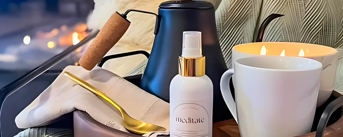 Product with 'meditate' branding on a table with candles and a spoon.