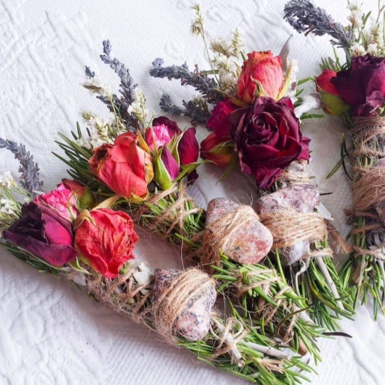 Tulip, Garden roses, Rosemary, Leopard Skin Jasper, Sage, Rosemary, Lavender and Wild Flower Smudge Stick.