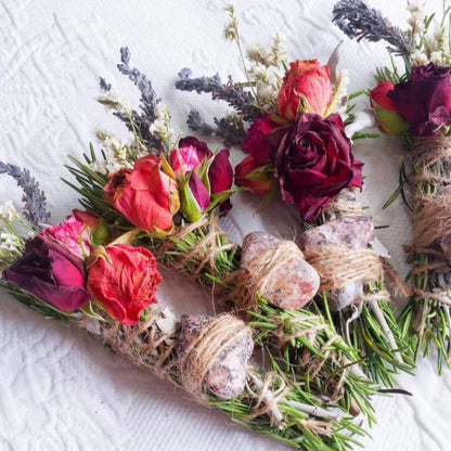 Tulip, Garden roses, Rosemary, Leopard Skin Jasper, Sage, Rosemary, Lavender and Wild Flower Smudge Stick.