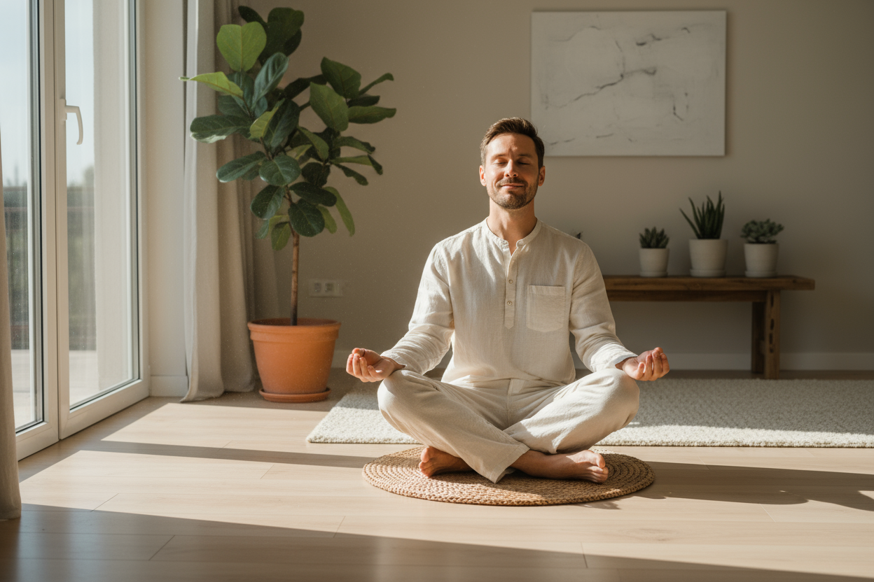 man practicing meditation in his home