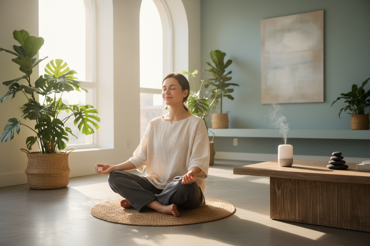 modern person looking blissful enjoying meditation practice